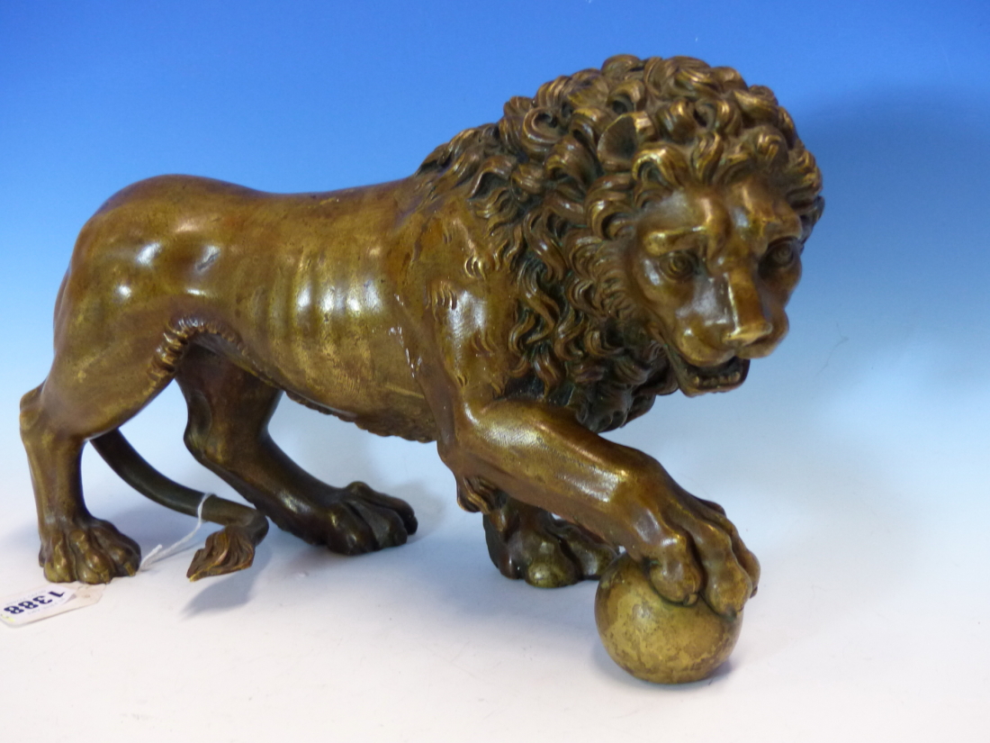 AFTER THE MEDICI LION, A BRONZE FIGURE GROWLING AND WITH RIGHT FOREPAW RAISED ON A BALL. W 35cms. - Image 2 of 5