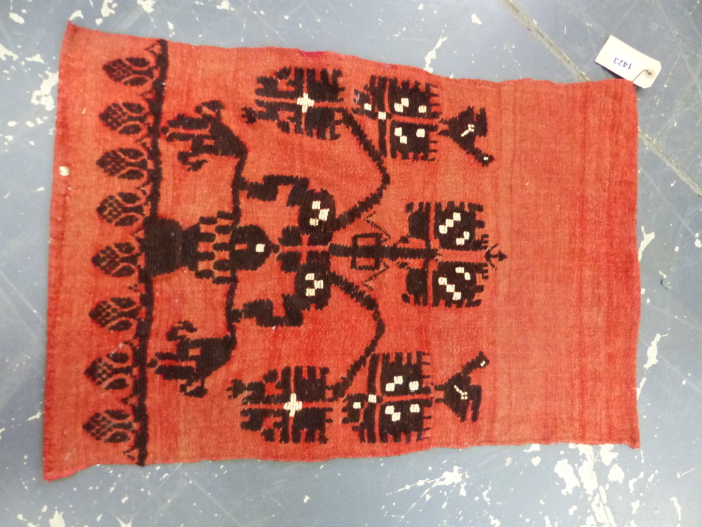 TWO KELIM COVERED CUSHIONS TOGETHER WITH VARIOUS TRIBAL TEXTILES TO INCLUDE AN IKAT PANEL. - Image 3 of 5