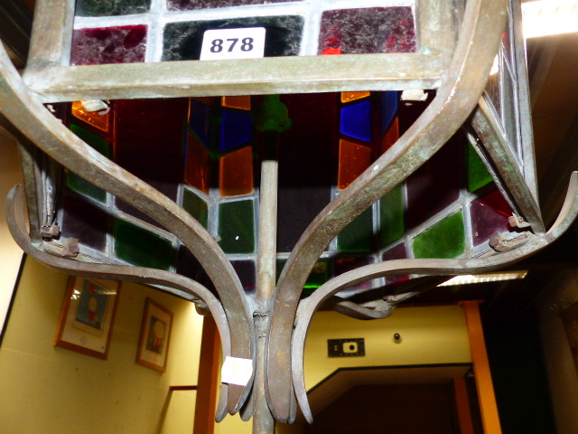 AN IMPRESSIVE BRONZE FRAMED HEXAGONAL HALL LANTERN WITH STAINED GLASS PANELS. MAX Dia.80cms x H. - Image 3 of 5