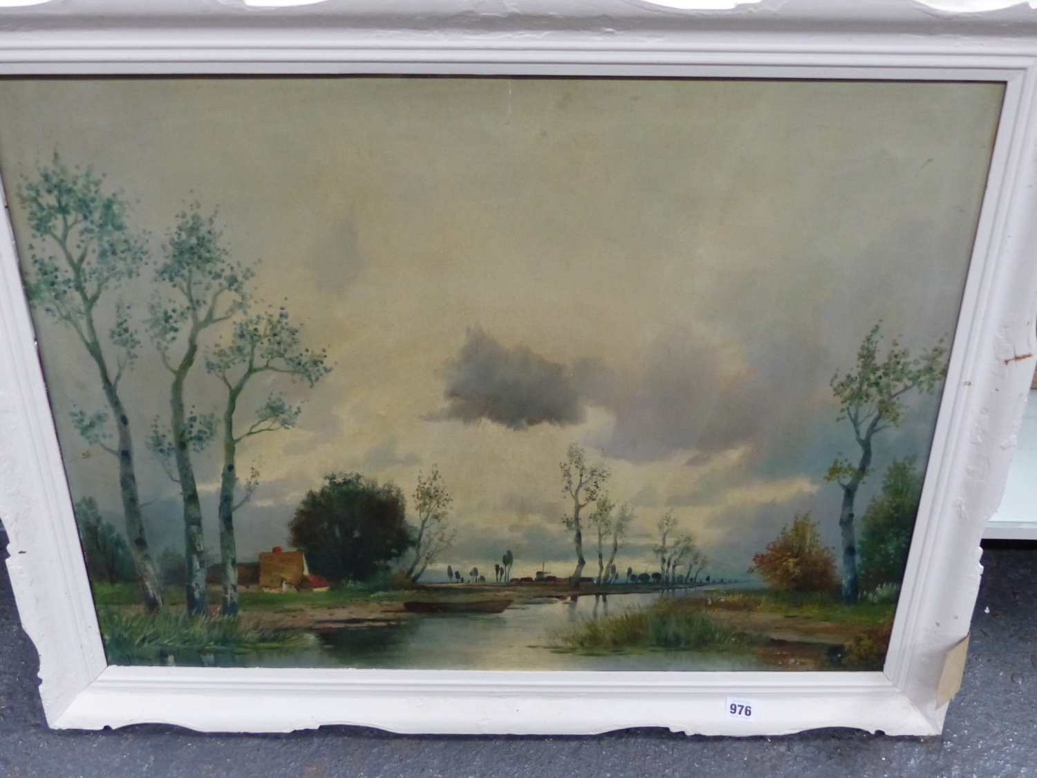 EARLY 20th.C CONTINENTAL SCHOOL. THATCHED COTTAGE BY A RIVER, SIGNED OIL ON CANVAS. 61 x 82cms. - Image 6 of 7