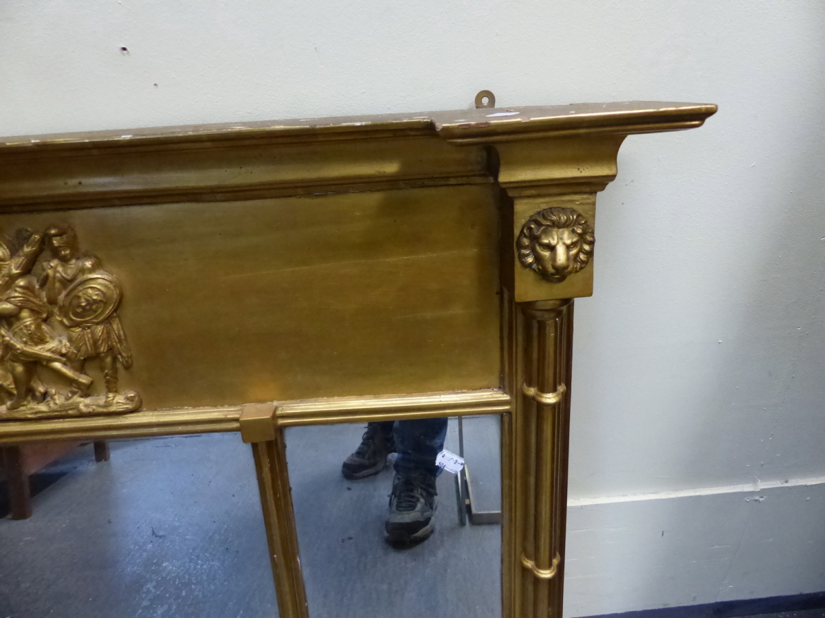 A 19th.C. GILT OVERMANTLE WITH CLASSICAL CHARIOT FRIEZE OVER TRIPLE PLATE MIRROR, FLANKED BY CLUSTER - Image 2 of 9