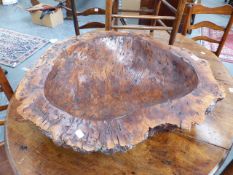 A LARGE BURR WOOD BOWL CENTREPIECE. W.79cms.