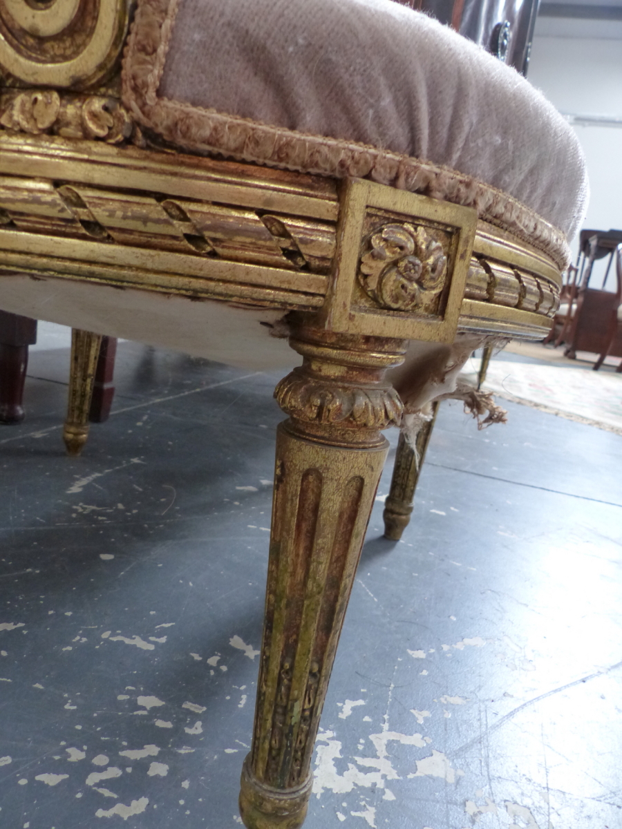 A PAIR OF FRENCH CARVED GILTWOOD LOUIS XVI STYLE SALON ARMCHAIRS WITH OVAL BACKS AND SHAPED SEATS ON - Image 3 of 6