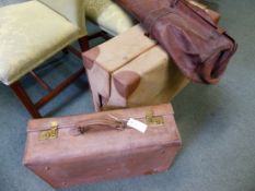 A LARGE VINTAGE PIGSKIN LEATHER SUITCASE BY J.C.VICKERY WITH OUTER COVER TOGETHER WITH A SMALLER