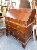 AN 18th.C.FRUITWOOD BUREAU , FITTED INTERIOR WITH DROP WELL OVER TWO SHORT AND TWO LONG DRAWERS,