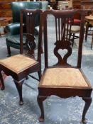 A SET OF FOUR 18th.C. OAK CHAIRS, THE SIX BAR SPLATS OVER HEARTS, DROP IN SEATS, WAVY APRONS