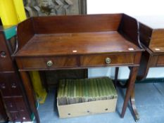 AN EARLY VICTORIAN MAHOGANY GALLERY BACK TWO DRAWER WRITING TABLE ON SQUARE TAPERED LEGS. 92 x 48