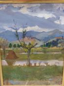 EMILY GWYNNE-JONES. (1948-****) ARR. ITALIAN STUDY, UMBRIA, INITIALLED OIL ON BOARD WITH ARTIST LABE