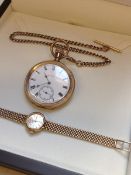 A 9ct GOLD UNO LADIES WATCH WITH WOVEN BRACELET AND LADDER CLASP, AND AN ELGIN POCKET WATCH COMPLETE