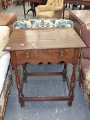 AN 18th.C.STYLE OAK SIDE TABLE WITH FRIEZE DRAWER ON TURNED LEGS UNITED BY STRETCHERS. 68 x 49 x H.