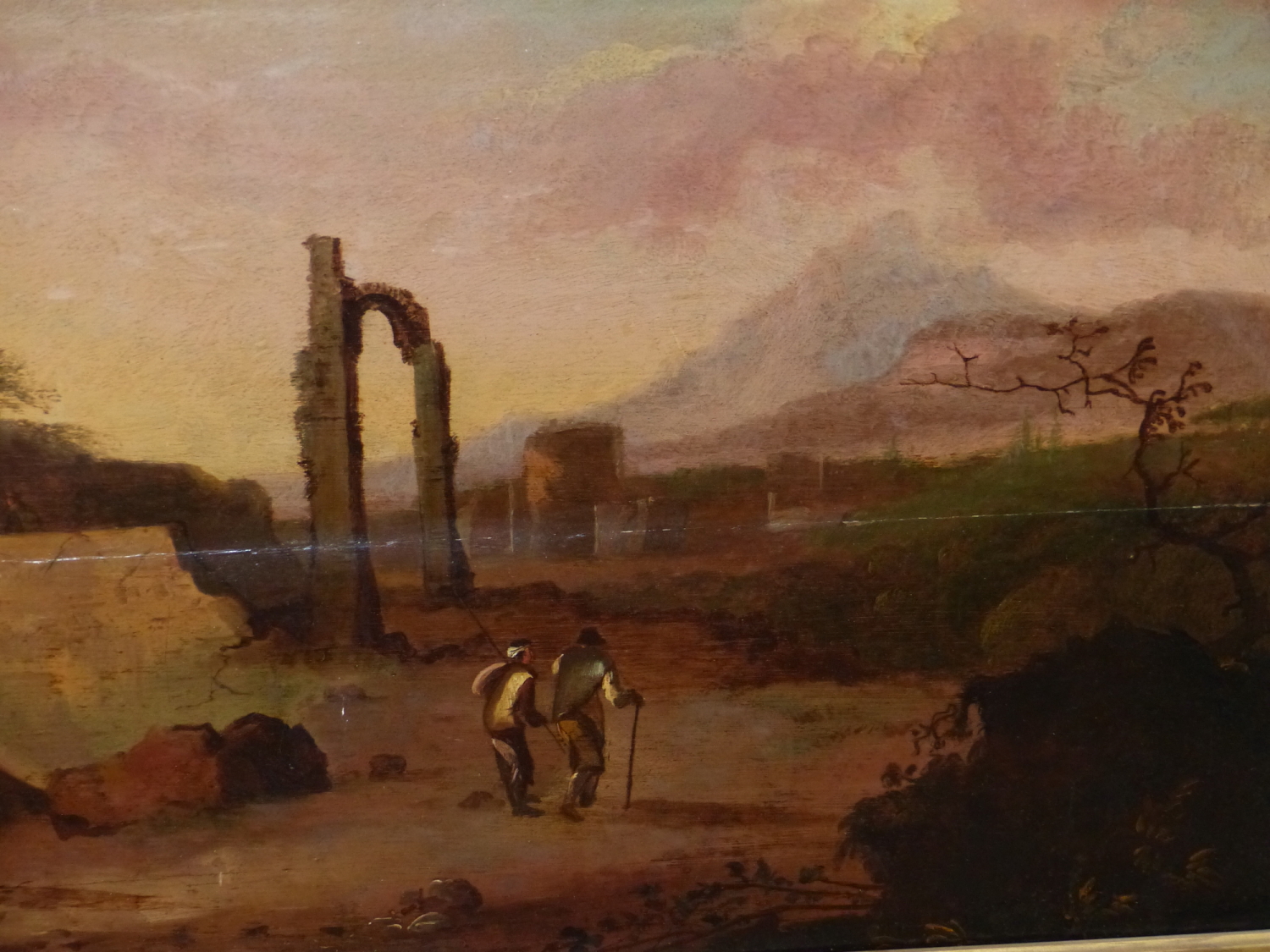 OLD MASTER SCHOOL. AN ITALIANATE LANDSCAPE WITH VILLAGE AND RUINS, OIL ON PANEL. 66 x 117cms. - Image 6 of 18