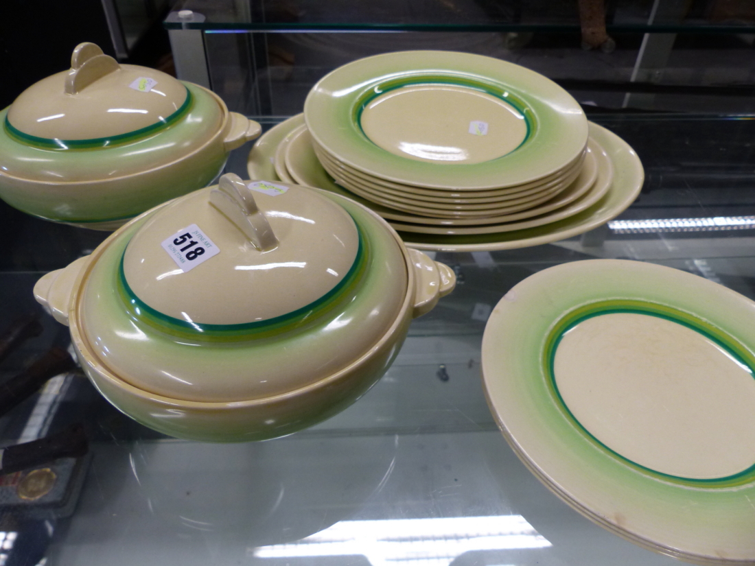 A CLARICE CLIFF NEWPORT POTTERY SIXTEEN PIECED PART DINNER SERVICE, EACH RIM BORDERED IN GREENS