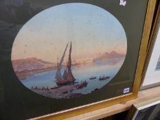 19th.C.ITALIAN SCHOOL. BAY OF NAPLES, SIGNED INDISTINCTLY, OVAL WATERCOLOUR. 34 x 42cms.
