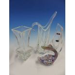 A ST LOUIS AND TWO SEVRES CLEAR GLASS VASES, THE TALLEST. H 30cms. TOGETHER WITH AN ITALIAN