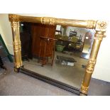 A Wm.IV.GILT OVERMANTLE MIRROR WITH STOUT SPLIT TURNED AND APPLIED MOULDINGS TO FRAME. 132 x