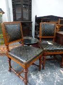A GOOD SET OF EIGHT HOLLAND & SONS OAK DINING CHAIRS WITH GILT TOOLED LEATHER UPHOLSTERED SEATS