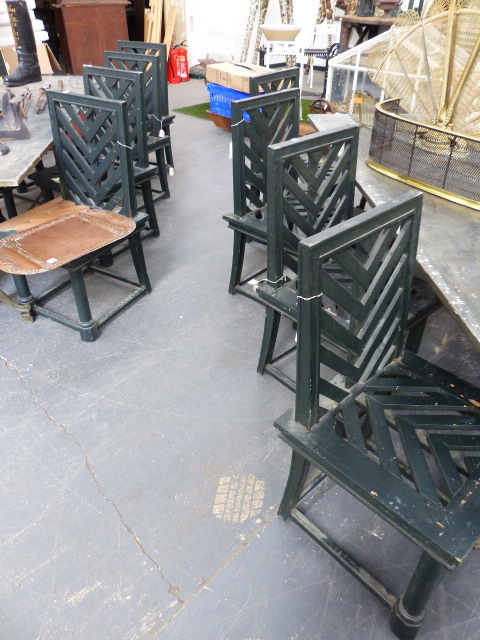 A SET OF SIXTEEN TEAK GARDEN CHAIRS WITH LOOSE SEAT PADS, FOURTEEN PAINTED GREEN AND TWO IN BARE