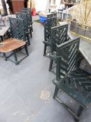 A SET OF SIXTEEN TEAK GARDEN CHAIRS WITH LOOSE SEAT PADS, FOURTEEN PAINTED GREEN AND TWO IN BARE
