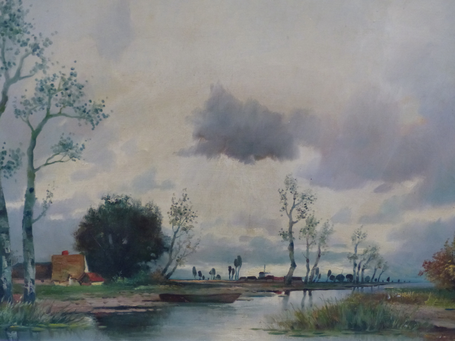EARLY 20th.C CONTINENTAL SCHOOL. THATCHED COTTAGE BY A RIVER, SIGNED OIL ON CANVAS. 61 x 82cms.