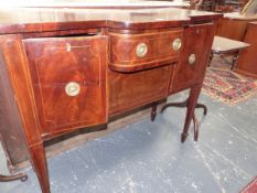 A SMALL 19th.C.MAHOGANY AND SATINWOOD CROSSBANDED SIDEBOARD WITH TWO CENTRAL DRAWERS FLANKED BY