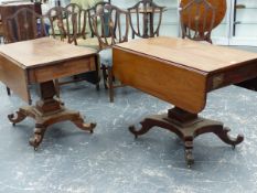 AN INTERESTING EARLY VICTORIAN MAHOGANY DINING TABLE COMPRISING TWO DROP LEAF SECTIONS EACH WITH