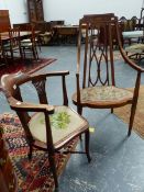 AN EDWARDIAN MAHOGANY AND INLAID OPEN ARMCHAIR WITH SHAPED SEAT ON SQUARE TAPERED LEGS TOGETHER WITH