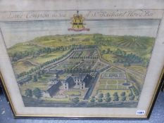 AN ANTIQUE HAND COLOURED PRINT AFTER KIP OF LITTLE COMPTON, THE SEAT OF SIR RICHARD HOWE. 43 x