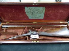 WILLIAMS & POWELL. DB 12B PERCUSSION SHOTGUN NVN, RAMROD MISSING, IN MAHOGANY CASE.