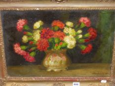 EARLY 20th.C.SCHOOL. FLORAL STILL LIFE, SIGNED INDISTINCTLY, OIL ON BOARD. 35.5 x 50cms.