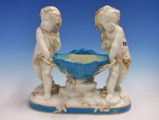 A PARTIALLY GILT PAIR OF CHERUBS REPRESENTING TWO SEASONS AND CARRYING A TURQUOISE BLUE SHELL OVER