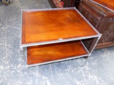 A PAIR OF BESPOKE TWO TIER END TABLES WITH CHROME FRAMES AND GALLERIED MAHOGANY TOPS. 61 x 71 x H.