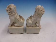 A PAIR OF BLANC DE CHINESE SEATED BUDDHIST LION JOSS STICK HOLDERS. H 13.5cms.