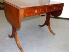 A GOOD QUALITY REGENCY STYLE MAHOGANY SOFA TABLE WITH LINE INLAY DECORATION ON BRASS CAP CASTERS.