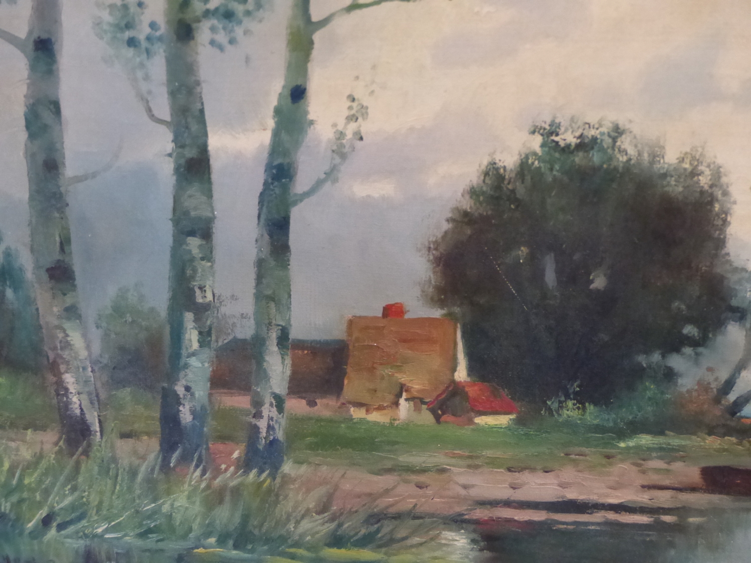 EARLY 20th.C CONTINENTAL SCHOOL. THATCHED COTTAGE BY A RIVER, SIGNED OIL ON CANVAS. 61 x 82cms. - Image 4 of 7