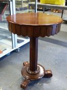 A VICTORIAN MAHOGANY WORK TABLE WITH UNUSUAL RISING TOP OVER OCTAGONAL COLUMN ON THREE SCROLL