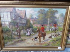 ALICE MARTINEAU. EARLY 20th.C.ENGLISH SCHOOL. A PAIR OF VILLAGE SCENES WITH HUNTSMEN, SIGNED OIL