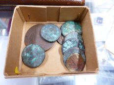 SEVEN COPPER COINS AND THREE OTHERS DUG UP IN RHEIMS CIRCA 1860, A JASPER HANDLED DESK SEAL. H 5cms.