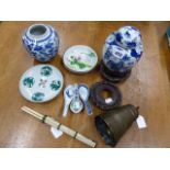 TWO CHINESE BLUE AND WHITE JARS BEARING FOUR CHARACTER MARKS, THREE SPOONS, THREE DISHES. Dia 17cms.