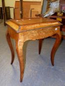 A 19th.C.WALNUT AND MARQUETRY INLAID JARDINIERE TABLE ON TALL SLENDER SHAPED LEGS. 61 x 40 x 76cms.