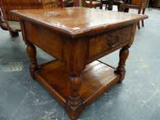 A BESPOKE HANDMADE BURR OAK COFFEE TABLE ON TURNED LEGS WITH FRIEZE DRAWER AND UNDERTIER. 61 x 61