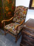 A PAIR OF 17th.C.STYLE OAK FRAMED ARMCHAIRS WITH TAPESTRY SEATS AND BACKS ON TURNED LEGS AND