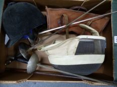 A BOX OF THREE FENCING FOILS AND A FENCING MASK, OLD RIDING HAT, RIDING DROP AND A BOWLS CARRYING