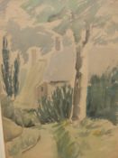 GEORGE BISSILL. (1896-1973) ARR. COTTAGES AND TREES, SIGNED WATERCOLOUR. 46.5 x 30cms.