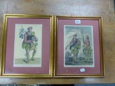 TWO HAND COLOURED ETCHINGS OF HIGHLAND REGIMENT OFFICER, SERGEANT AND PIPER, EACH. H 24 X 17cms.