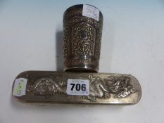 A CHINESE WHITE METAL BACKED CLOTHES BRUSH WORKED IN RELIEF WITH A DRAGON. W 18.5cms TOGETHER WITH