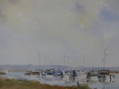 LESLIE MARSH. ENGLISH 20th.C. ARR. THE MOORINGS SIGNED WATERCOLOUR. 34 x 52cms TOGETHER WITH TWO