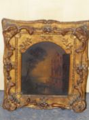 19th.C.SCHOOL IN THE MANNER OF PETHER. A MOONLIT VENETIAN CANAL SCENE IN SHAPED MOUNT, OIL ON BOARD.