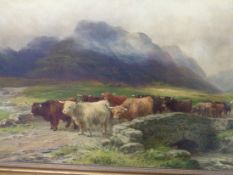 H.GARLAND. (1834-1913) HIGHLAND CATTLE ON A BRIDGE, SIGNED AND DATED 1902, OIL ON CANVAS. 36 x