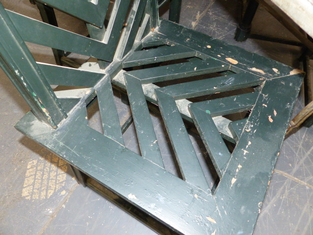 A SET OF SIXTEEN TEAK GARDEN CHAIRS WITH LOOSE SEAT PADS, FOURTEEN PAINTED GREEN AND TWO IN BARE - Image 2 of 5