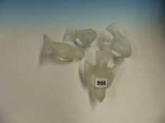 FOUR LALIQUE FROSTED GLASS SONGBIRDS. W 13.5cms